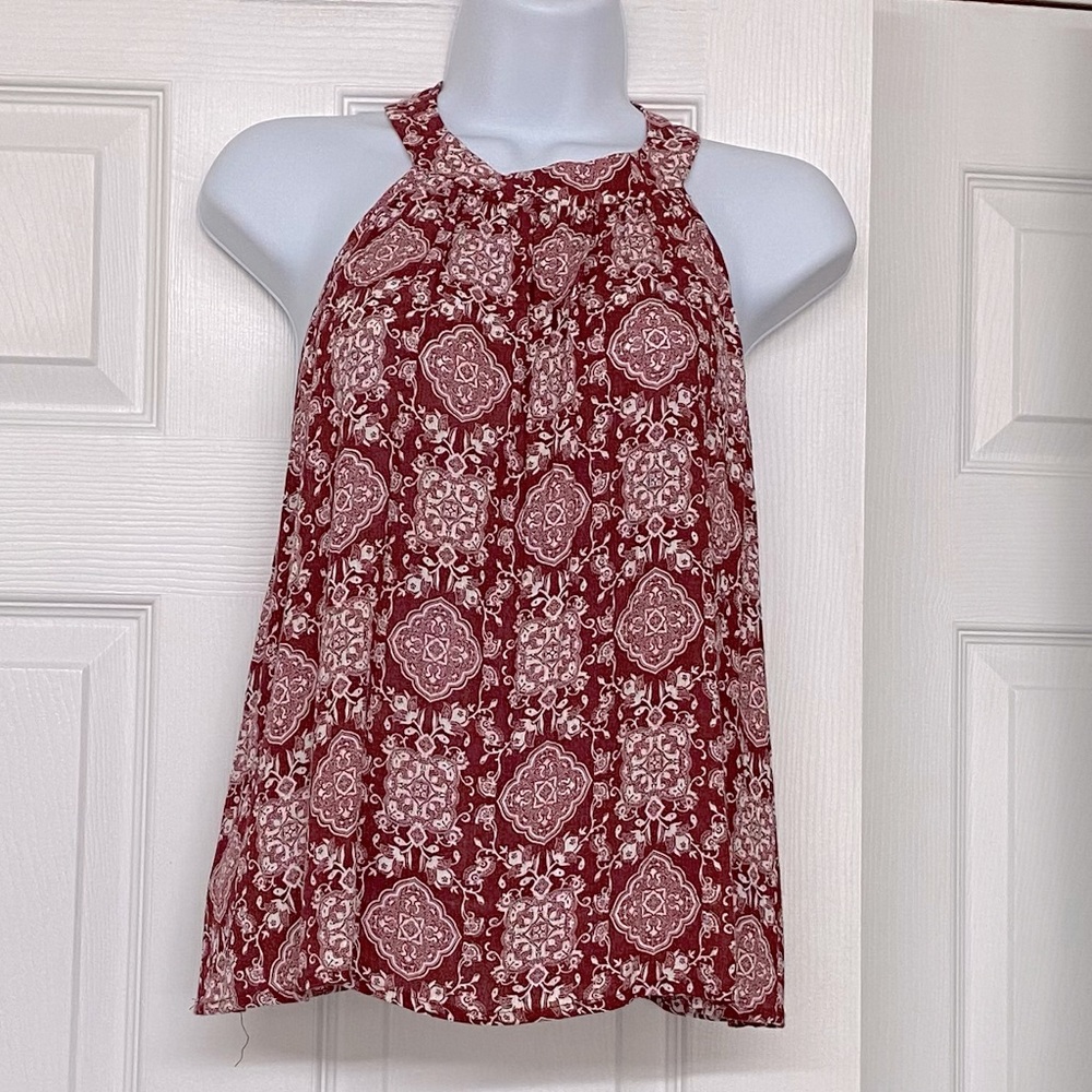 High Neck Dark Red Medallion Print Loose Fit A Line Swing Top Sz S